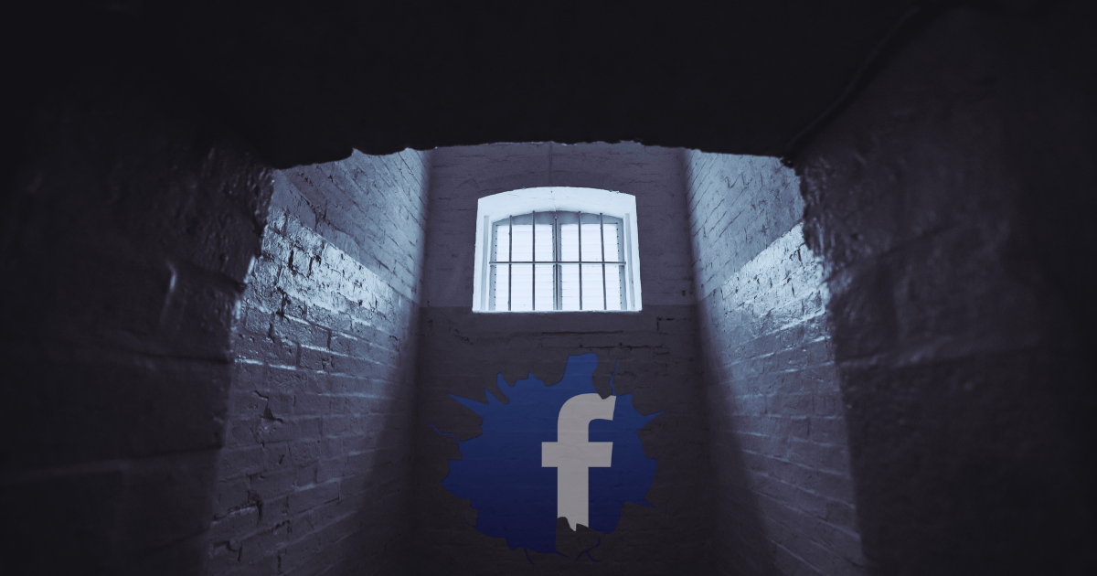 Dark jail cell with barred window and Facebook logo illustrating Facebook jail restriction