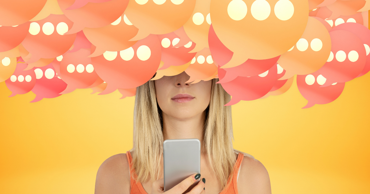 Woman overwhelmed by Instagram comment bubbles on her phone