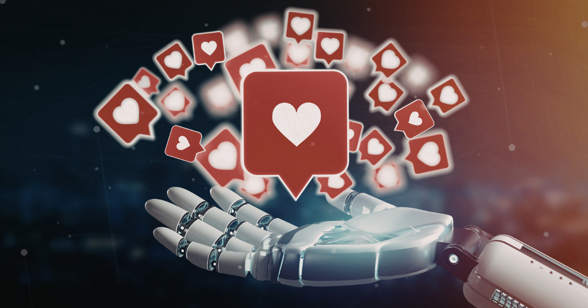 Robot hand holding Instagram like notification icons representing engagement rate calculation