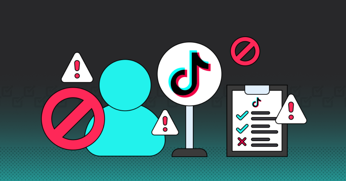TikTok logo, user silhouette, warning signs, and a checklist illustrating how to check, fix, and avoid a TikTok shadowban