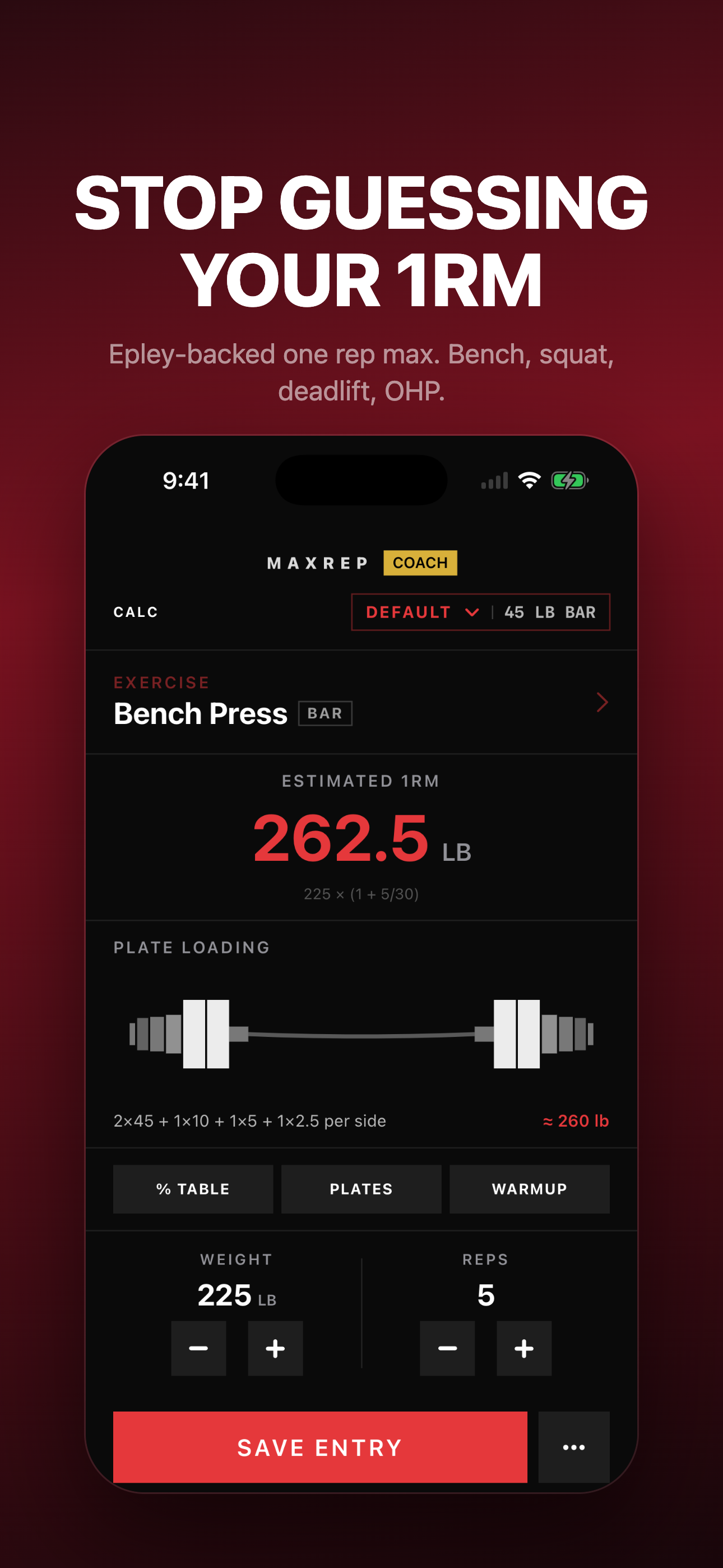 Calculator — 225 lb × 5 reps becomes a 262.5 lb estimated 1RM, with plate loading visualised