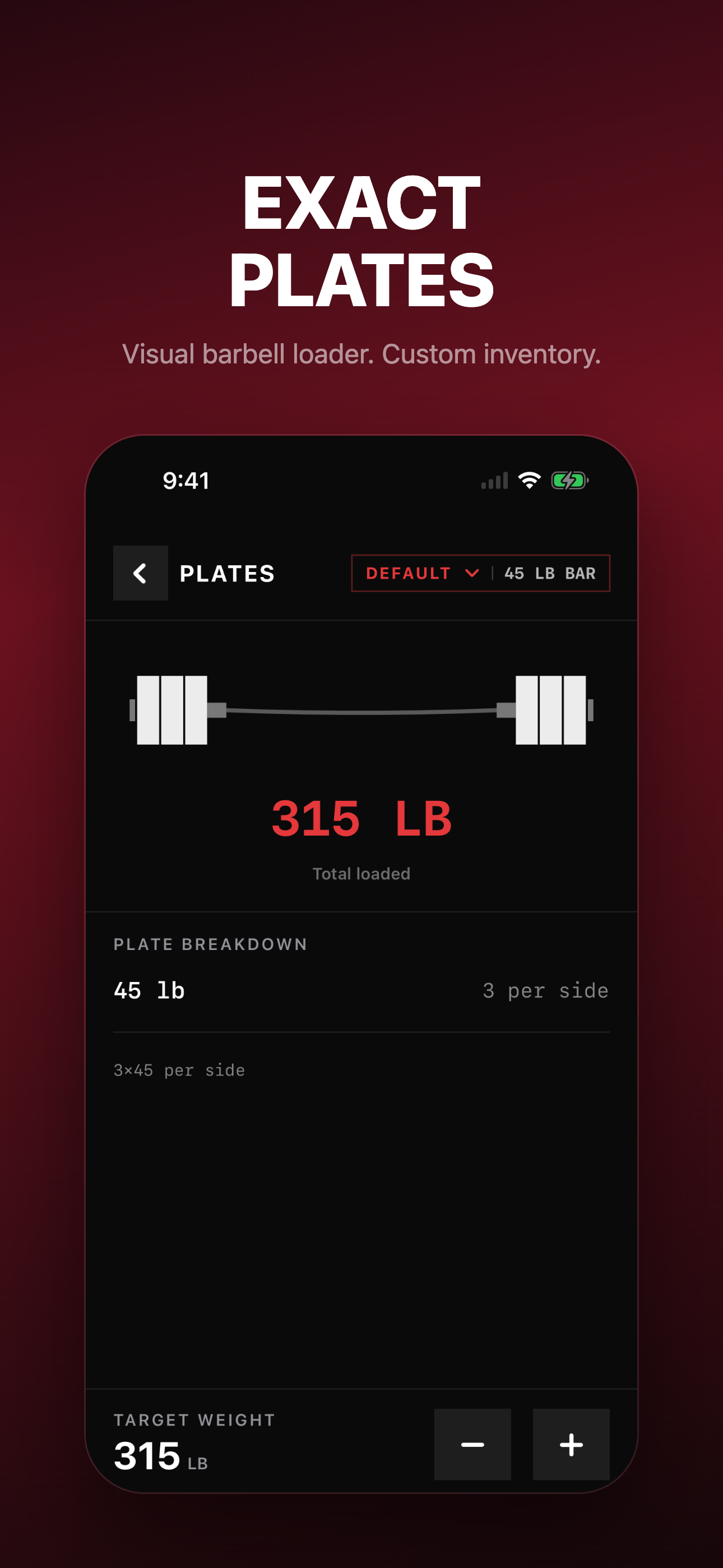 Plate calculator — exact plates per side for any target weight, with custom gym inventory