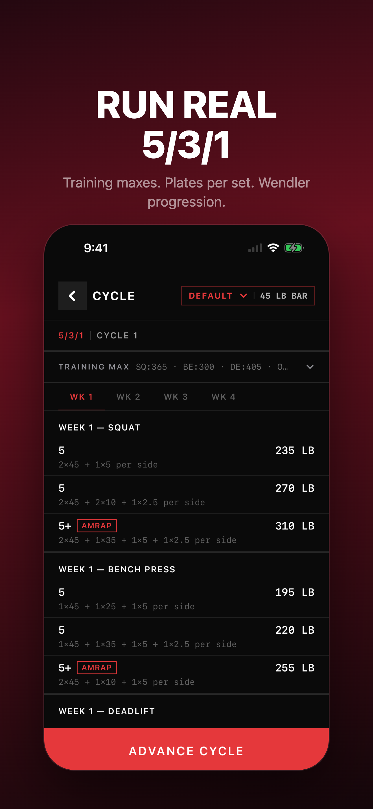 5/3/1 cycle generator — full Wendler block with weights and plate loading per set