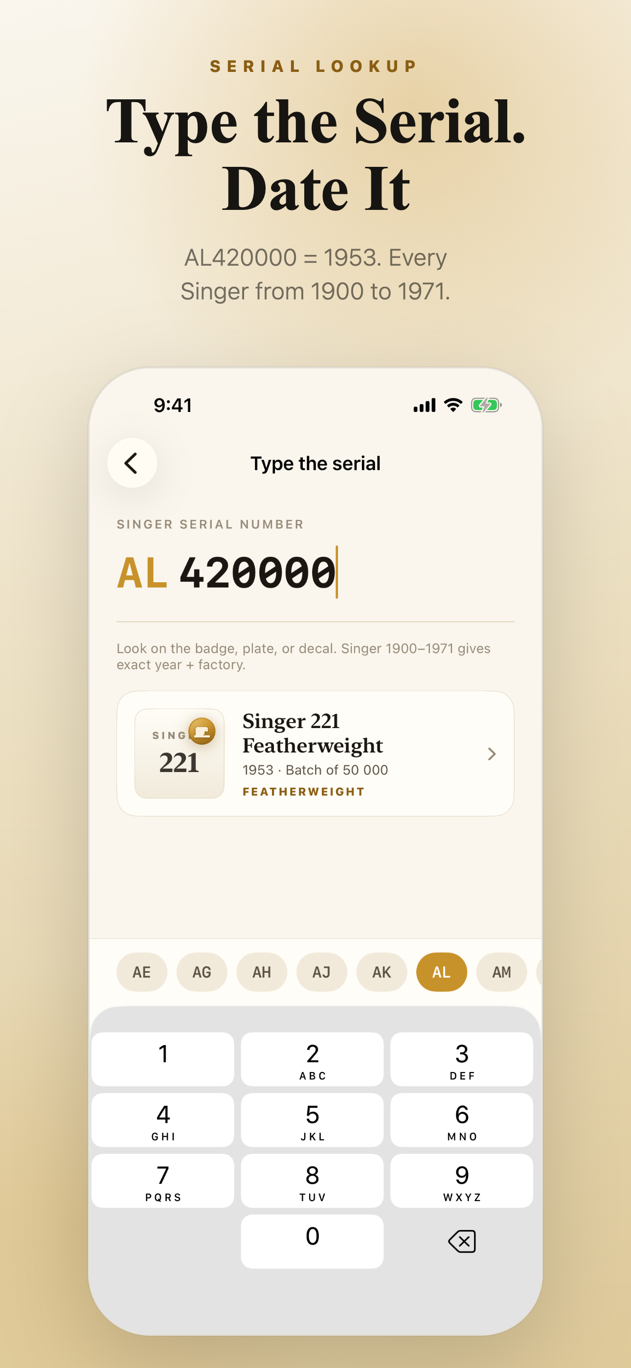 Type the serial — AL420000 entered, prefix chip rail above the keypad, live match card resolves to a 1953 Singer 221 Featherweight, batch of 50,000