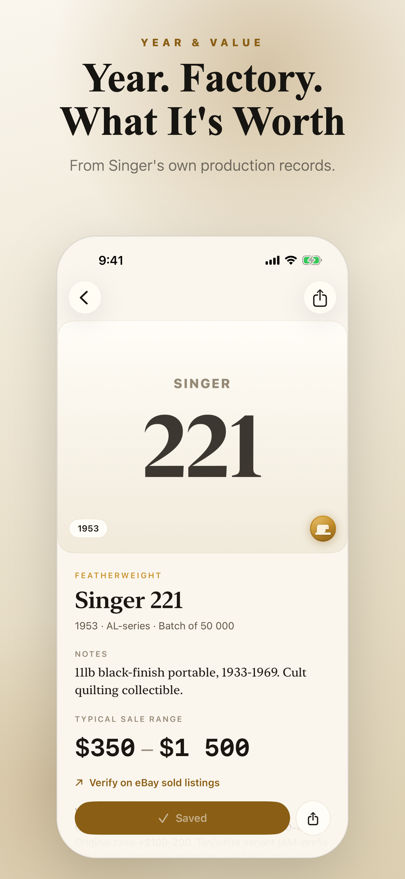 Result card — full-bleed Singer 221 plate, year 1953, Featherweight cult eyebrow, AL-series batch of 50,000 with notes and a $350 to $1,500 typical sale range
