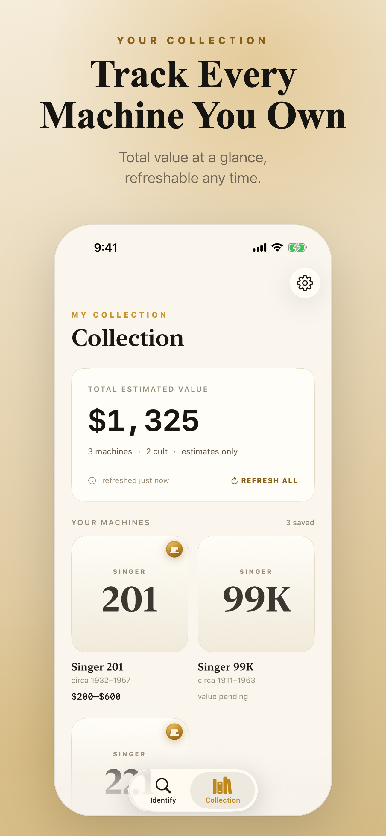 Collection — portfolio hero showing $1,325 total estimated value across 3 machines (2 cult) with a REFRESH ALL action and a grid of Singer 201, 99K, and 221 cards