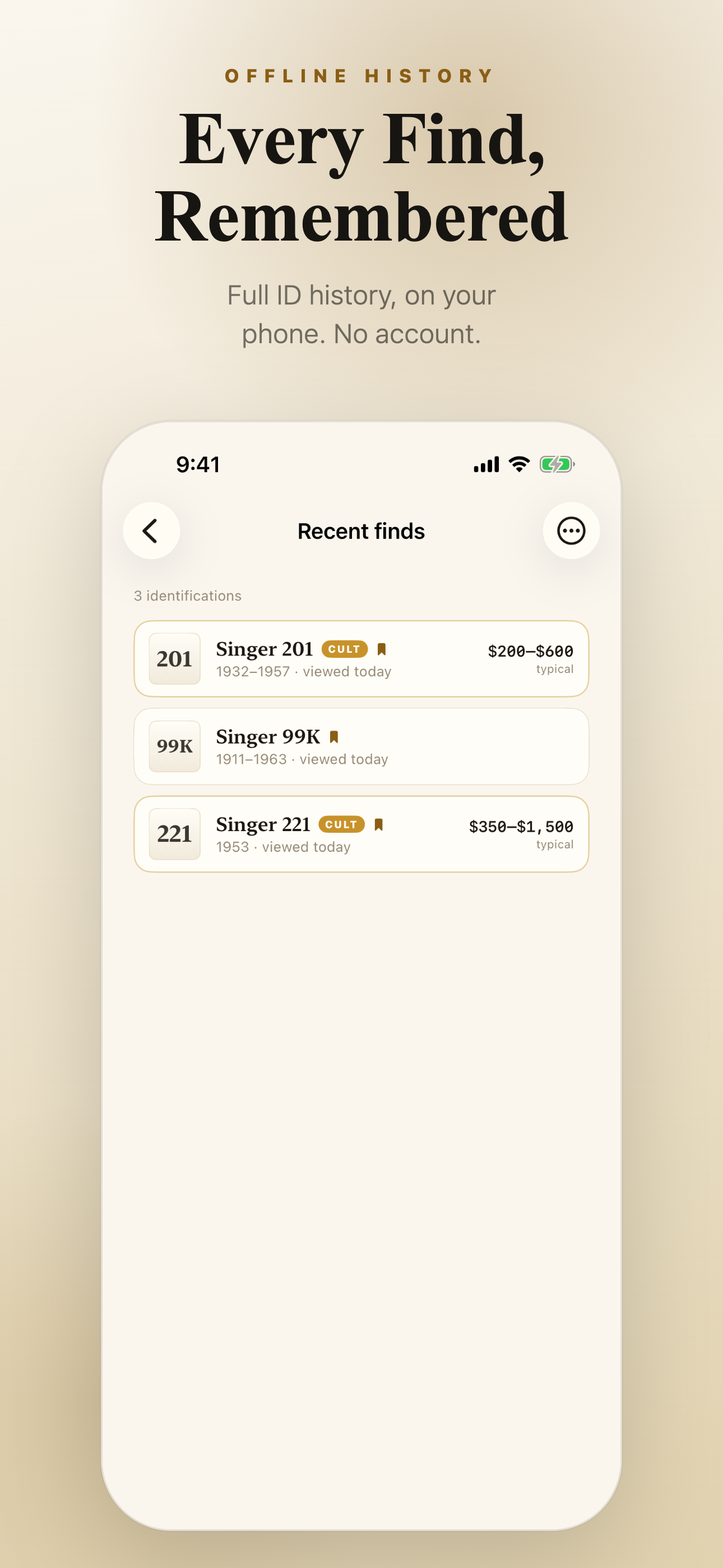 Recent finds — offline list of every identified machine with model, year range, cult flag, and typical sale range, accessible without an account
