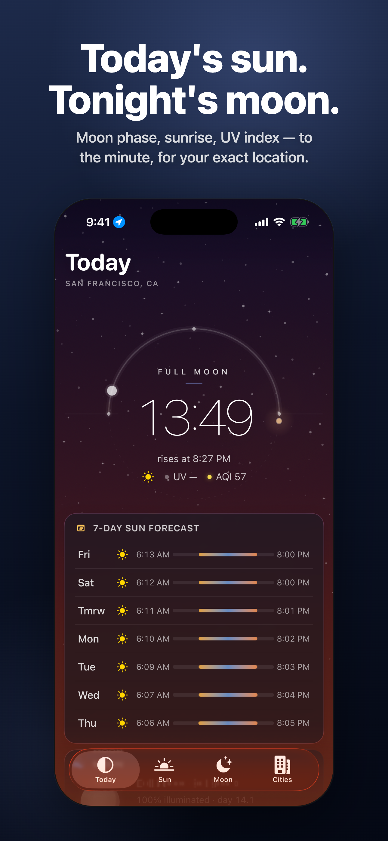 Today — full moon countdown over a living sky, 7-day sun forecast