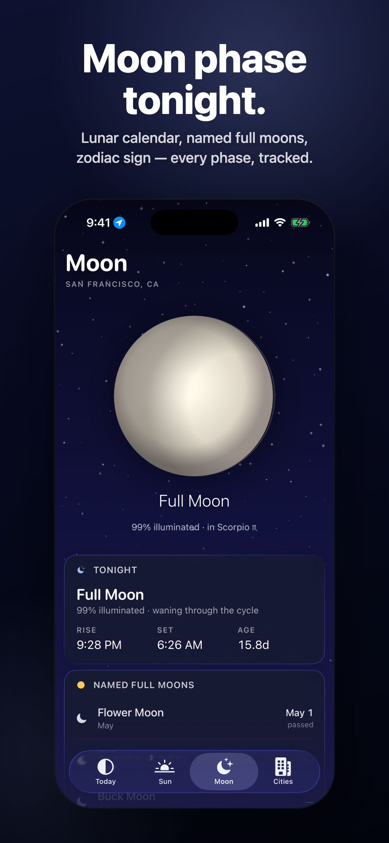 Moon — procedural moon disc, tonight's phase, zodiac sign, named-moon countdown