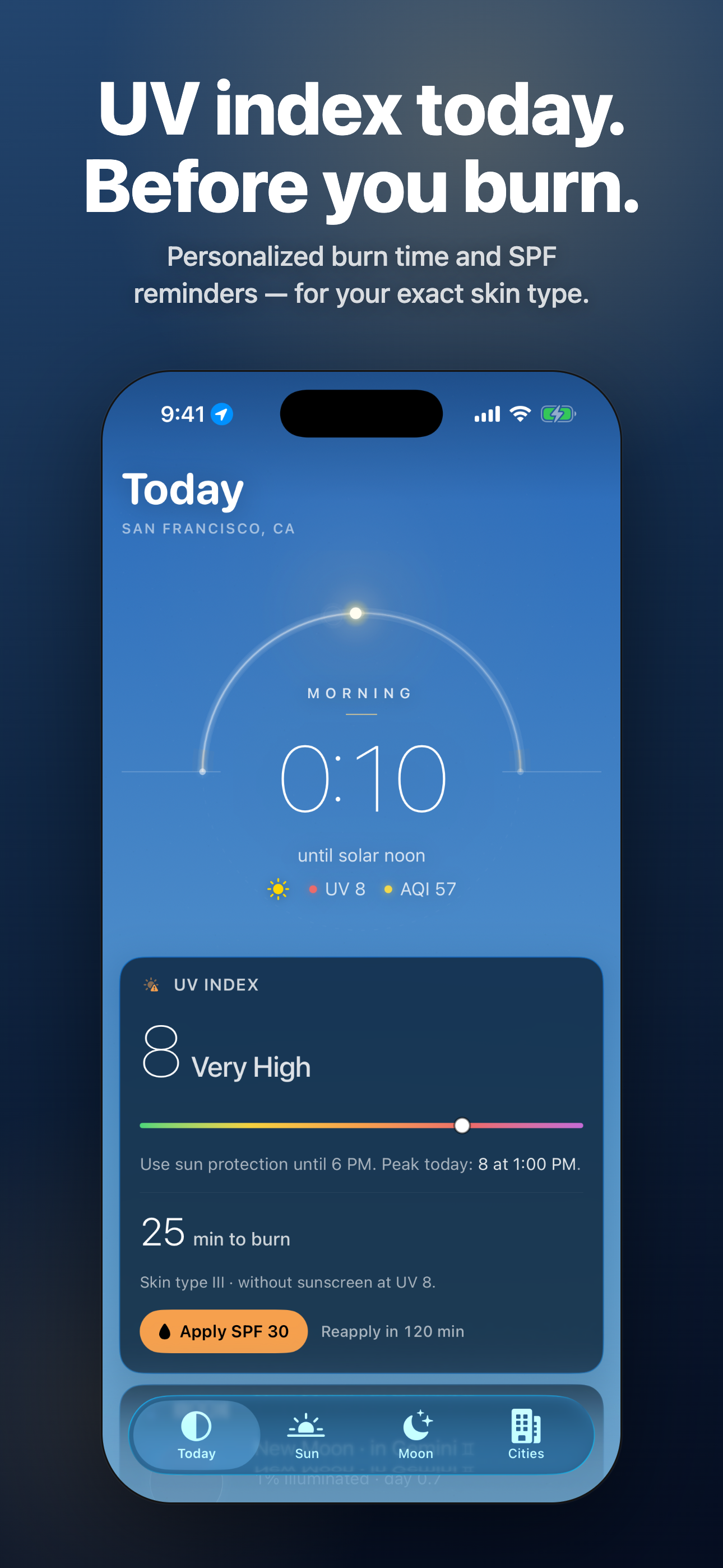 UV — current index, peak time, time-to-burn personalized to your skin type