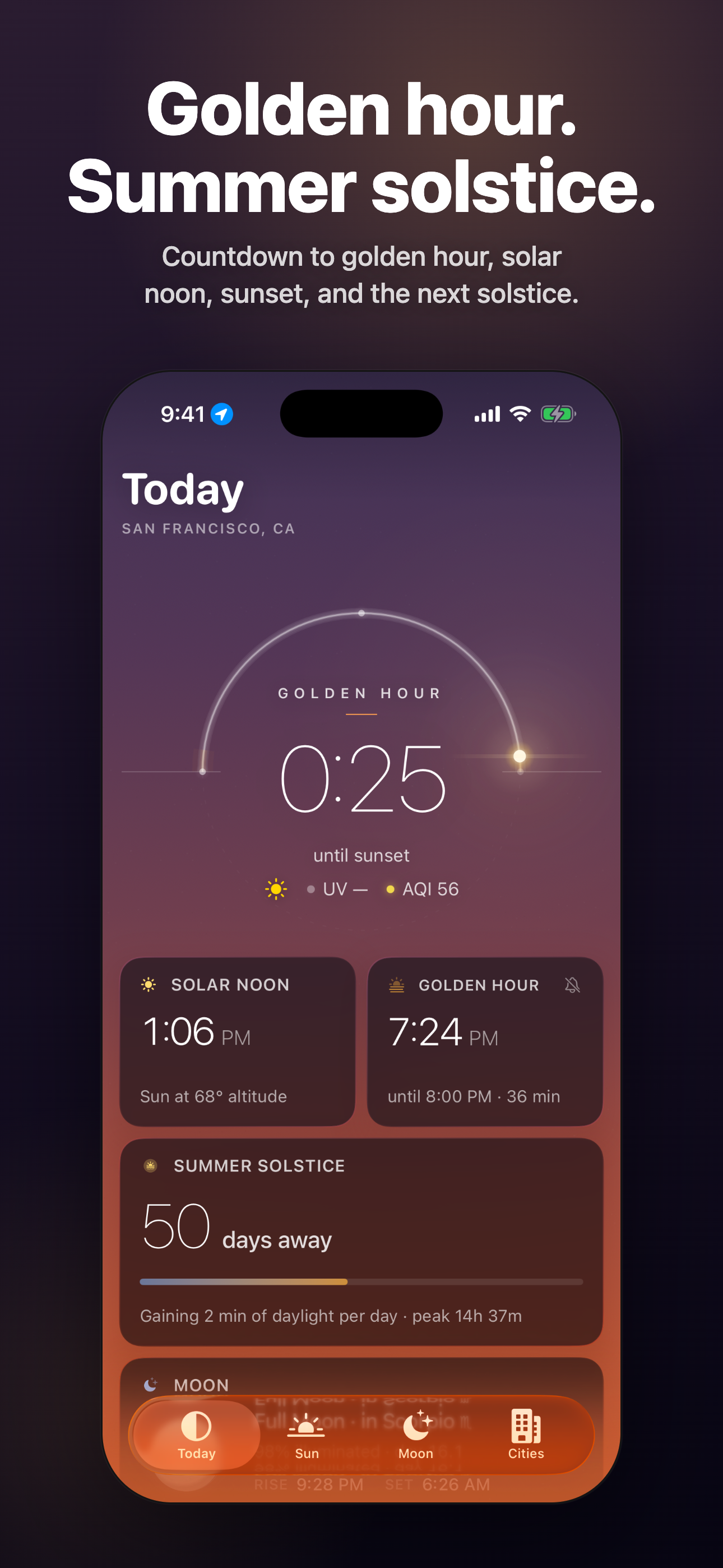 Golden hour countdown and the next solstice on a mid-twilight sky