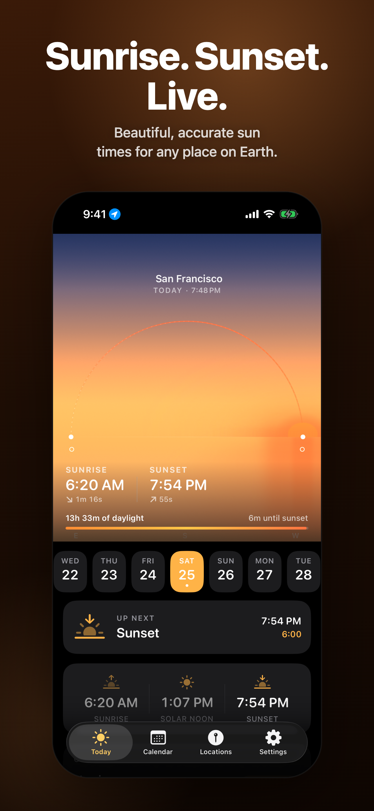 Today view — sunrise, sunset, animated sky, 7-day scrubber