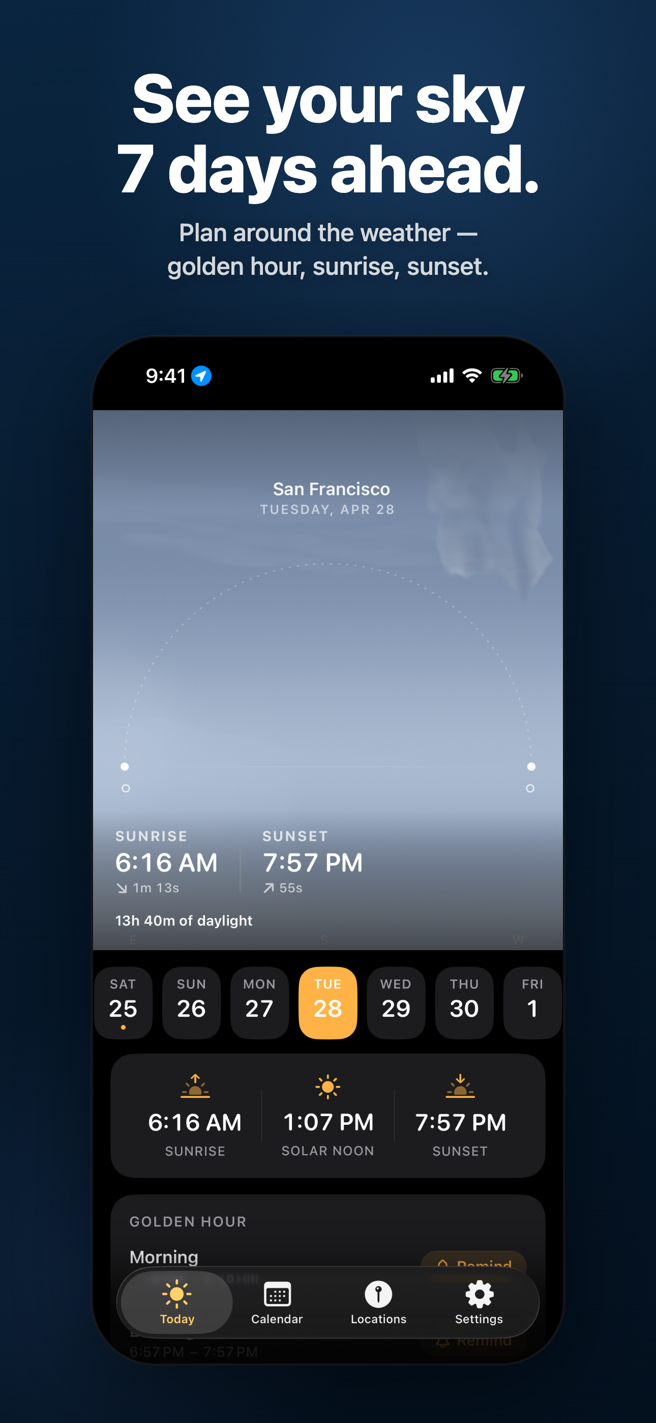 7-day forecast — plan around the weather for golden hour