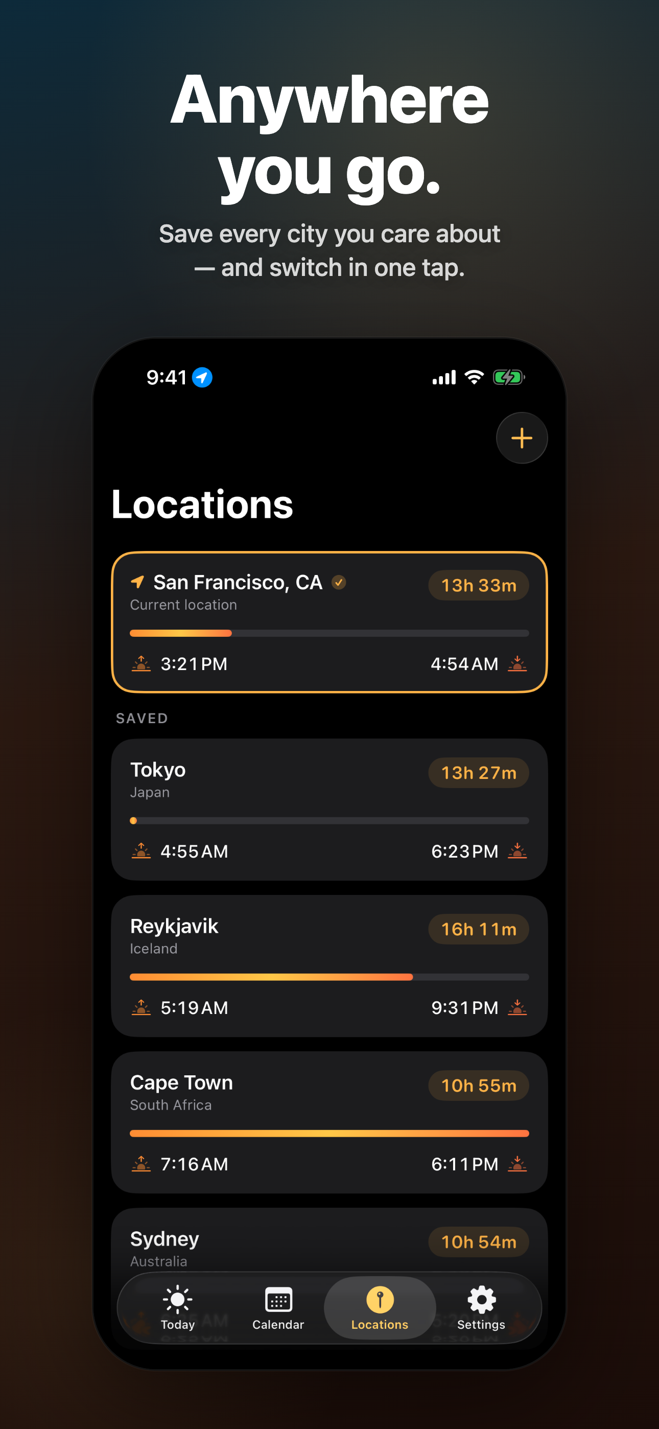 Locations — save every city you care about, switch in one tap