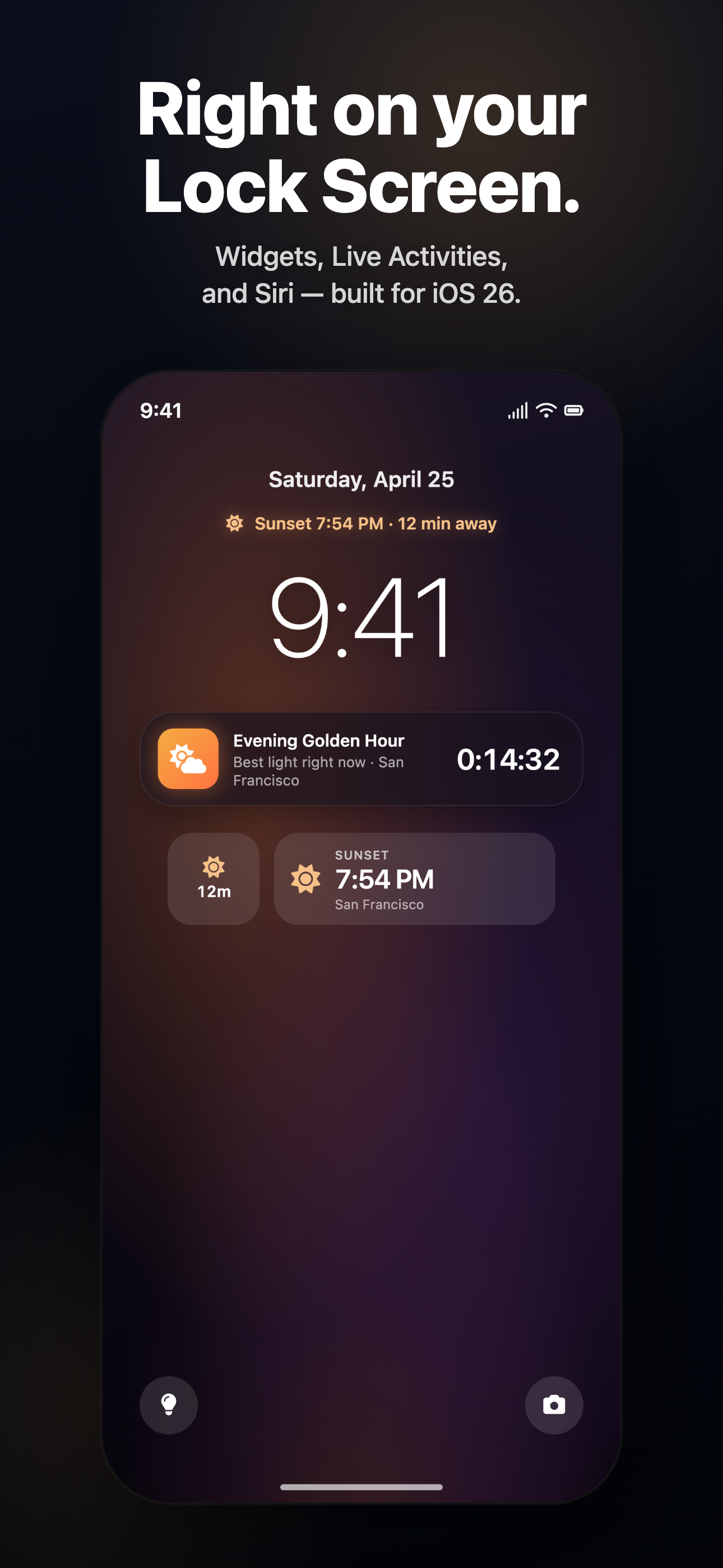 Lock Screen widgets, Live Activities, and Siri — built for iOS 26