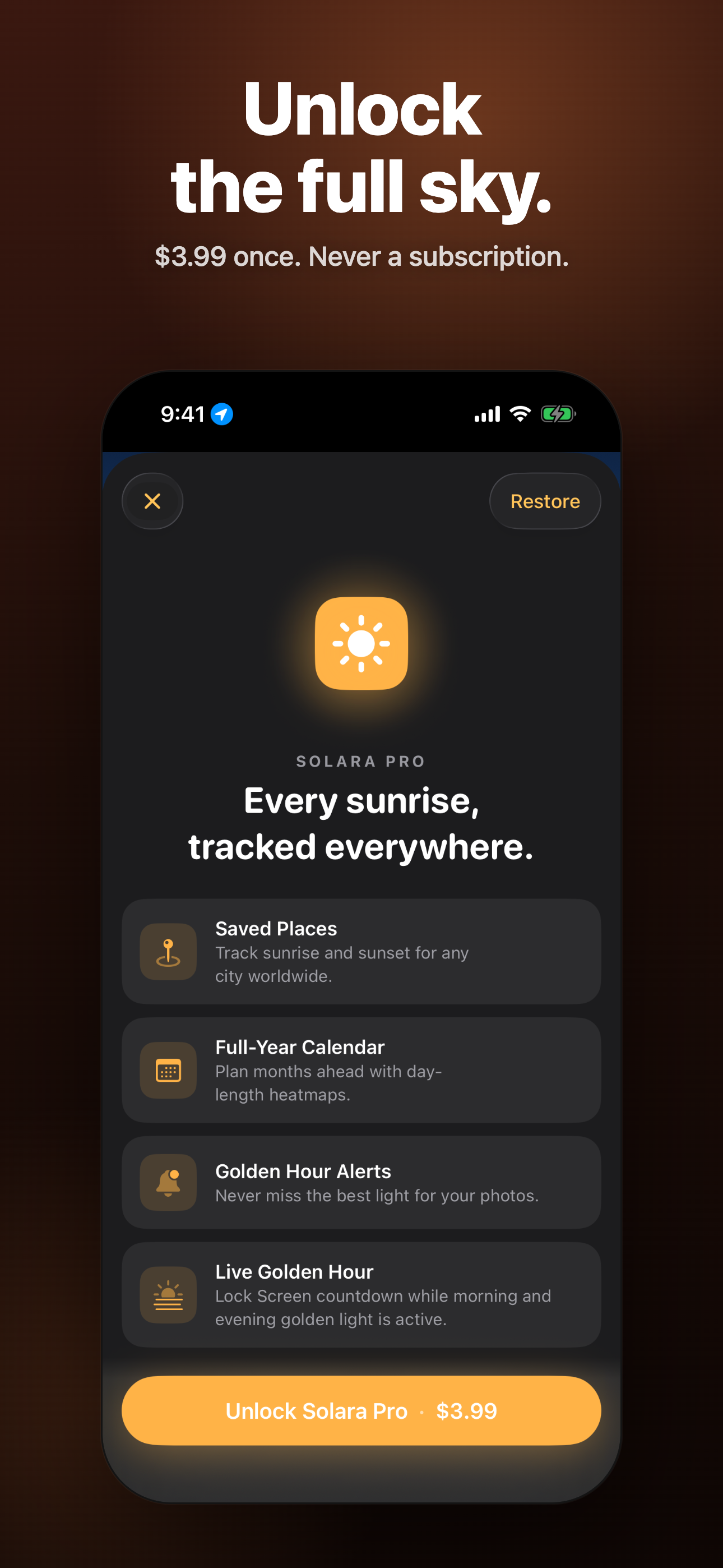 Solara Pro — $3.99 one-time unlock, no subscription