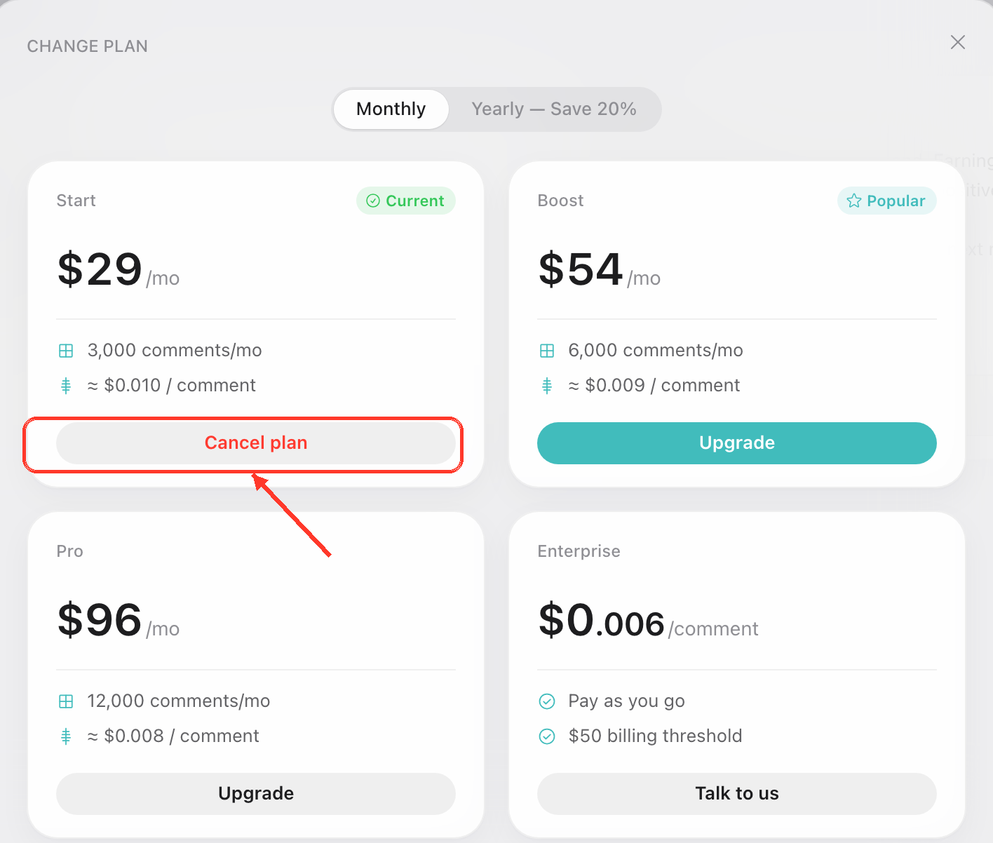 Plan chooser with the Cancel plan button highlighted on the current plan