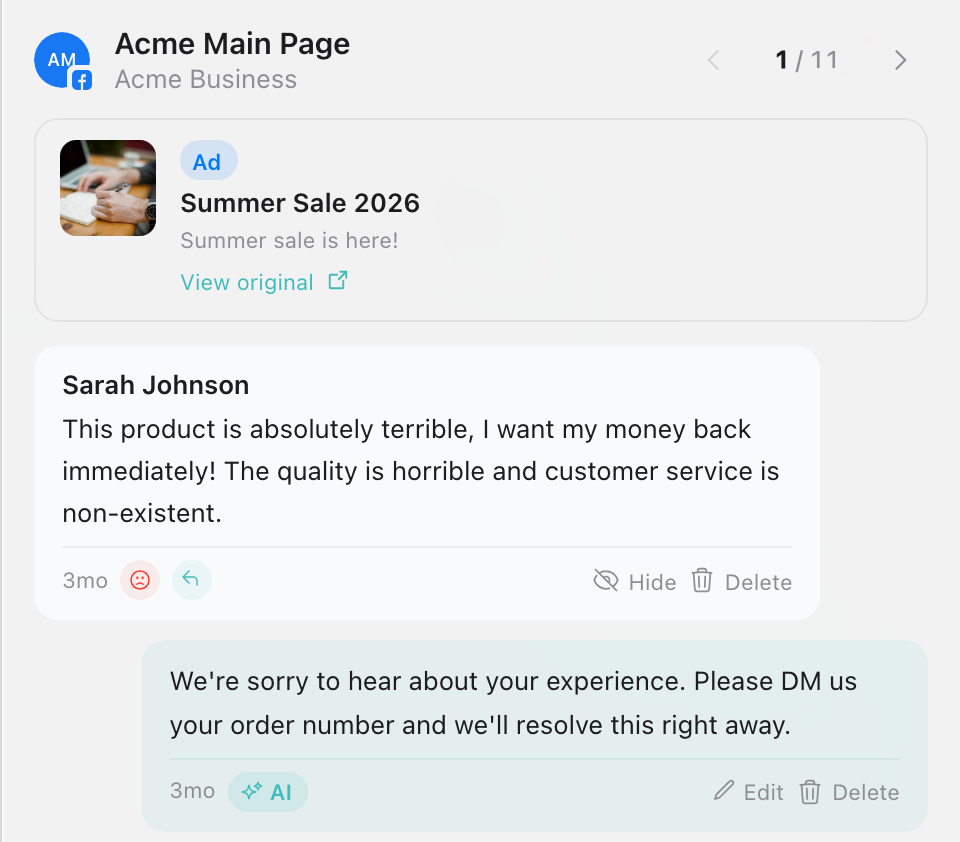 Comment detail panel showing the source post, the comment, and the reply with edit, hide, and delete actions
