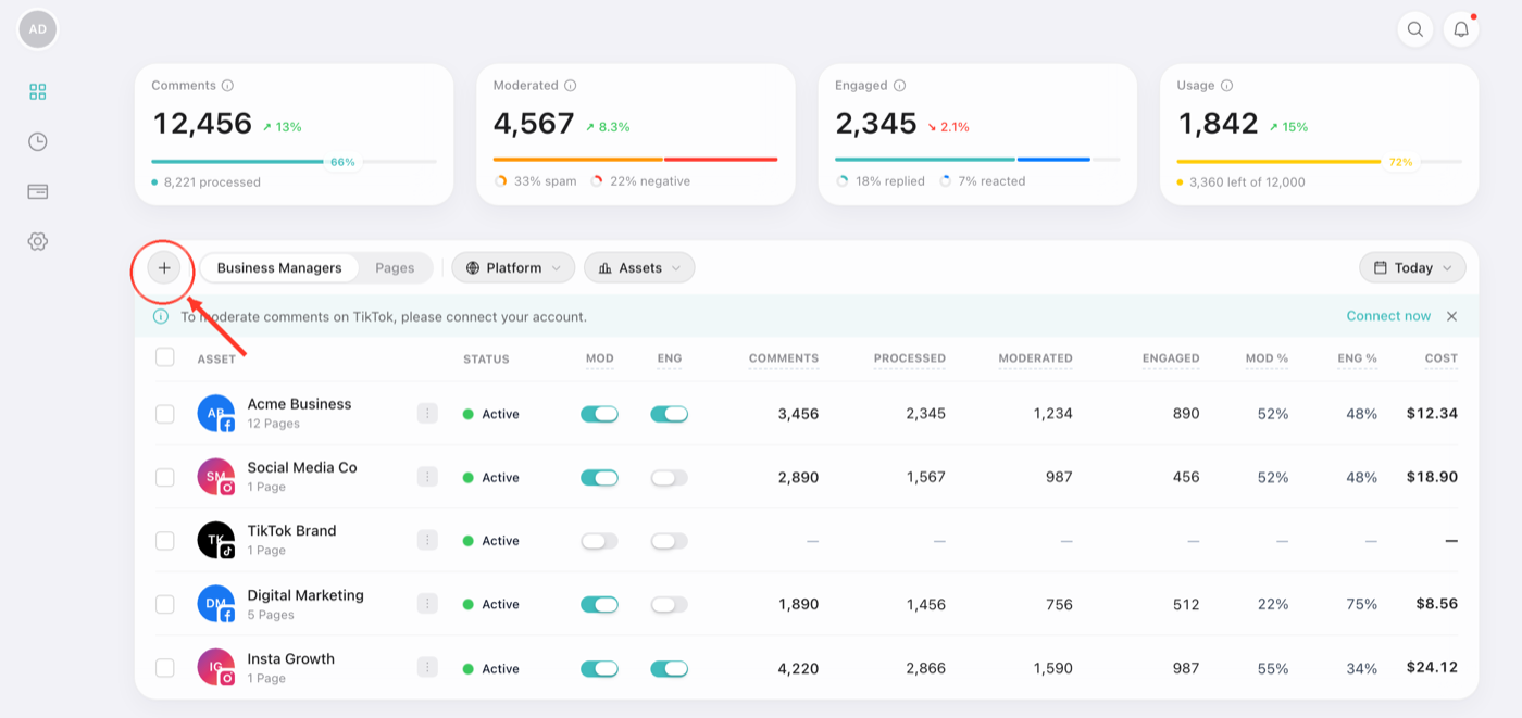 The + button at the top-left of the dashboard asset table