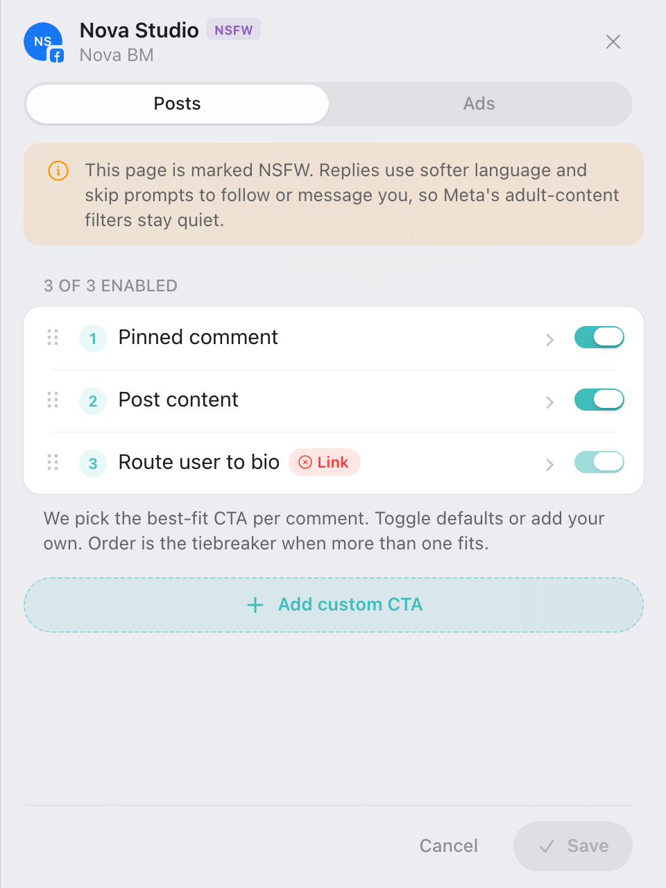 Default CTAs on an NSFW page — indirect, route-to-bio phrasing