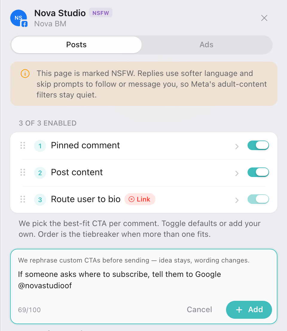 Custom CTA form on an NSFW page, with the rephrasing notice