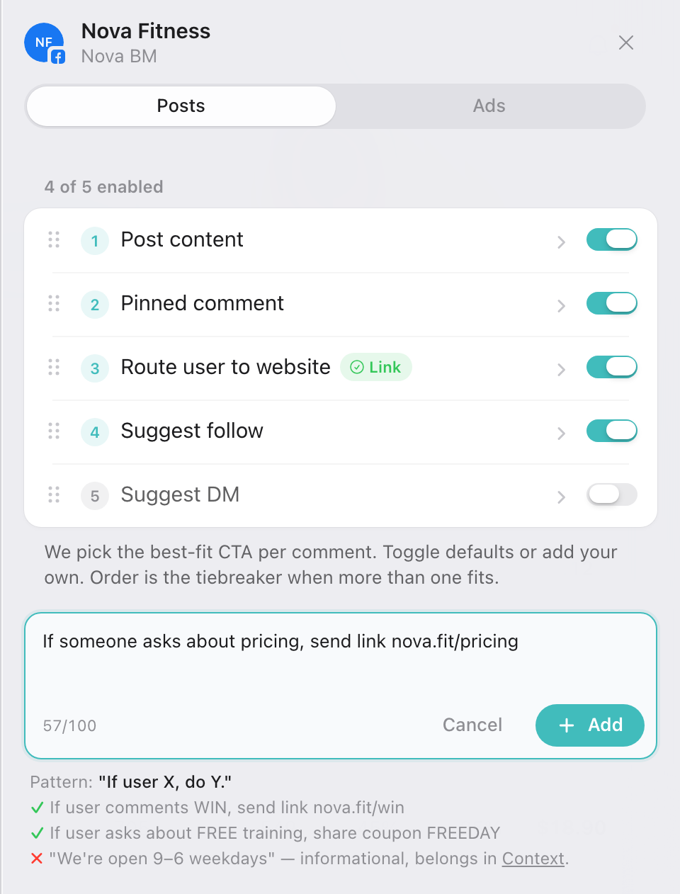 Agregar una regla de CTA personalizada