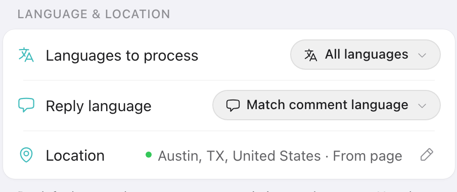 Page Settings: Languages to process and Reply language controls