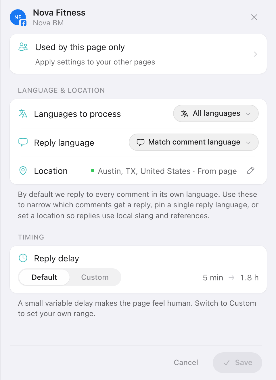 Page settings — language, location, reply delay