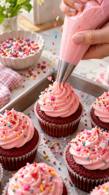 Piping pink frosting onto&nbsp;cupcakes